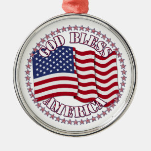 God Bless America With USA Flag And 50 Stars Metal Ornament