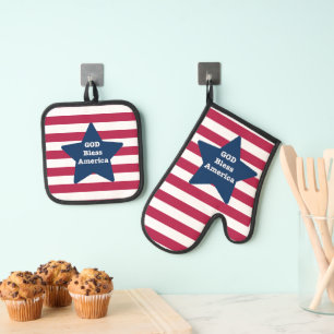 God Bless American Red White And Blue Oven Mitt & Pot Holder Set