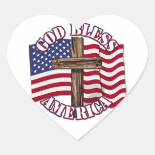 God Bless American with USA Flag & Cross Heart Sticker