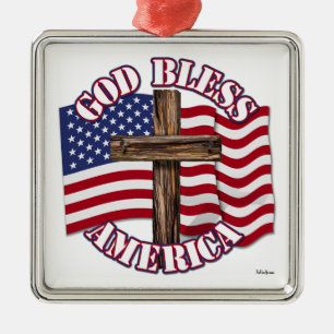 God Bless American with USA Flag & Cross Metal Ornament