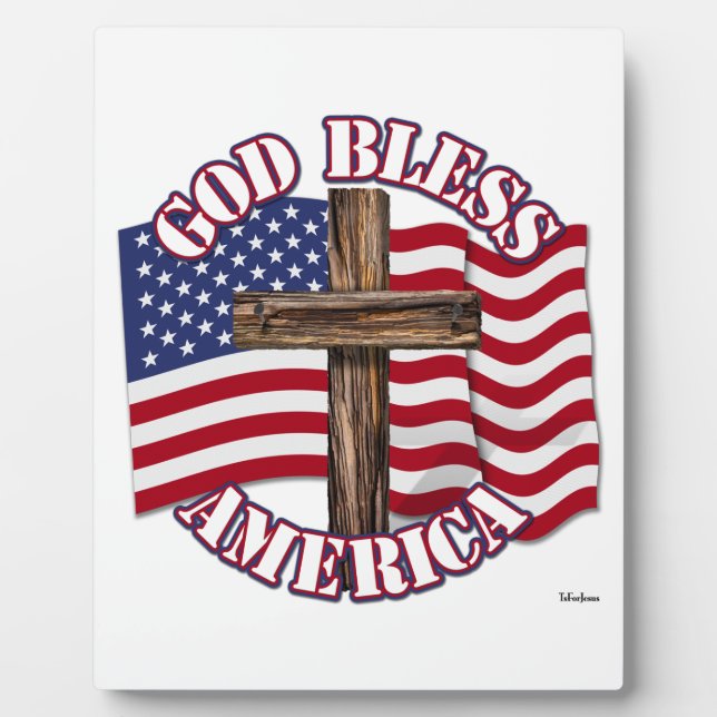 God Bless American with USA Flag & Cross Plaque (Front)