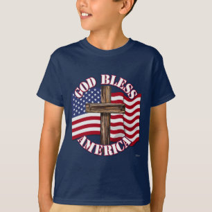 God Bless American with USA Flag & Cross T-Shirt