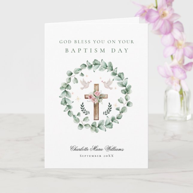 God Bless Baptism Dove Eucalytus Card (Orchid)