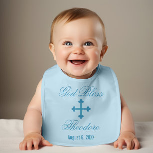 God Bless Blue Cross Baby Boy Name Baptism Bib