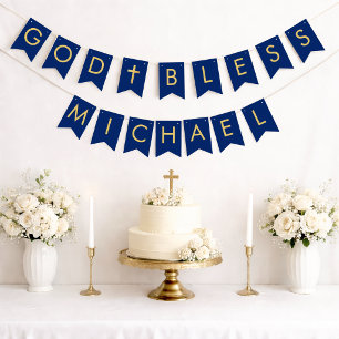 God Bless Blue Gold 7 Letters Baptism Communion Bunting Flags