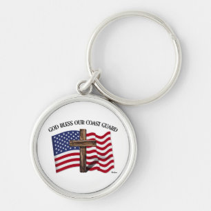 GOD BLESS COAST GUARD with rugged cross & US flag Keychain