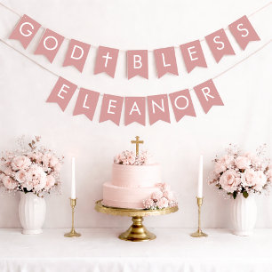 God Bless Girl Name 7 Dusty Rose Baptism Communion Bunting Flags