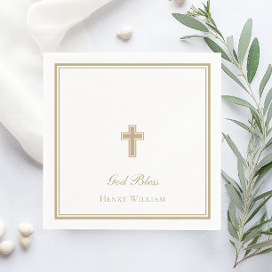 God Bless Gold Cross Boy Baptism Napkin