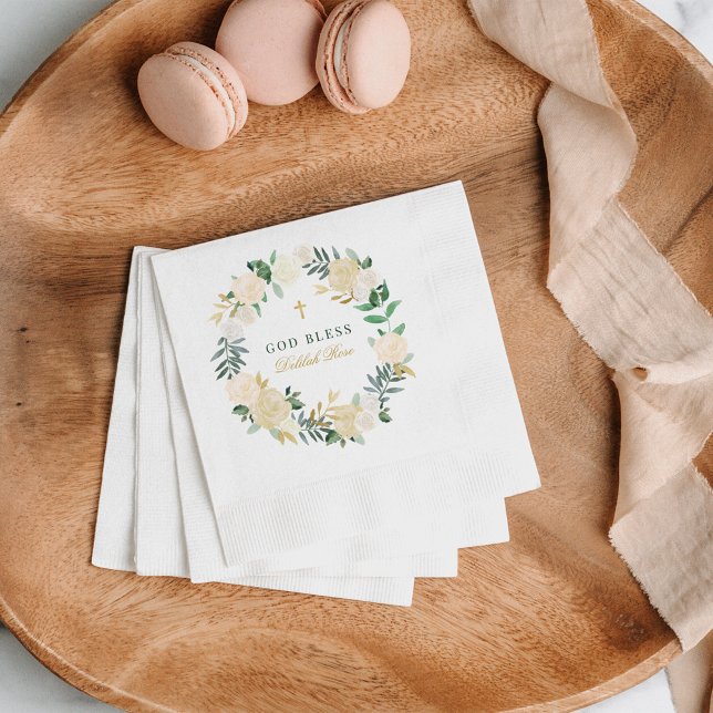 God Bless Green Gold Floral Wreath Girl Baptism Napkin (Creator Uploaded)