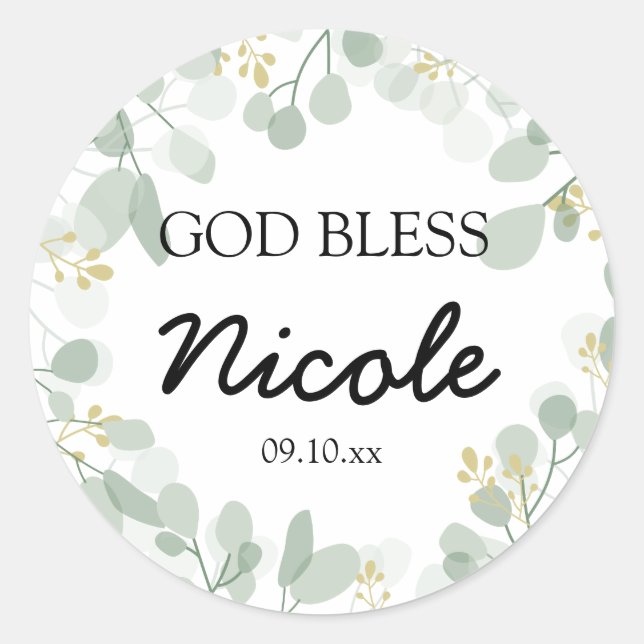 God Bless Monogram Name Airy Botanical Classic Round Sticker (Front)