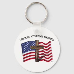 GOD BLESS MY MILITARY DAUGHTER rugged crossUS flag Keychain
