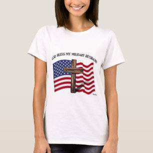 GOD BLESS MY MILITARY HUSBAND rugged cross US flag T-Shirt
