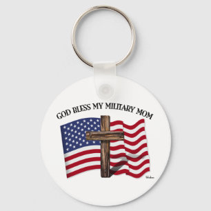 GOD BLESS MY MILITARY MOM rugged cross & US flag Keychain