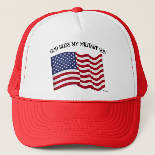 GOD BLESS MY MILITARY SON with US flag Trucker Hat