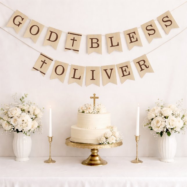 God Bless Name Brown Wood Baptism First Communion Bunting Flags (Creator Uploaded)