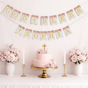 God Bless Name Pink Orchids Girl Baptism Communion Bunting Flags