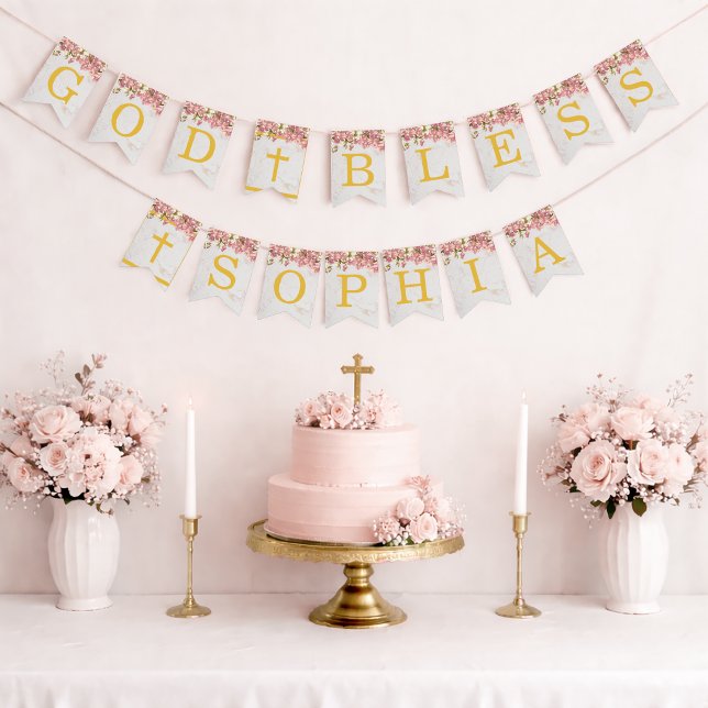 God Bless Name Pink Orchids Girl Baptism Communion Bunting Flags (Creator Uploaded)