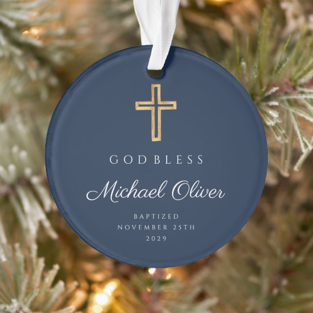 God Bless Navy Blue Religious Boy Baptism Photo Ornament (Tree)