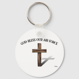 GOD BLESS OUR AIR FORCE with rugged cross Keychain