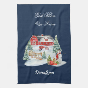 God Bless Our Farm Christmas Farm Scene Kitchen Towel