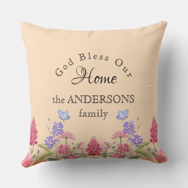 God Bless Our Home Beige Wildflower Family Name Throw Pillow (Back)