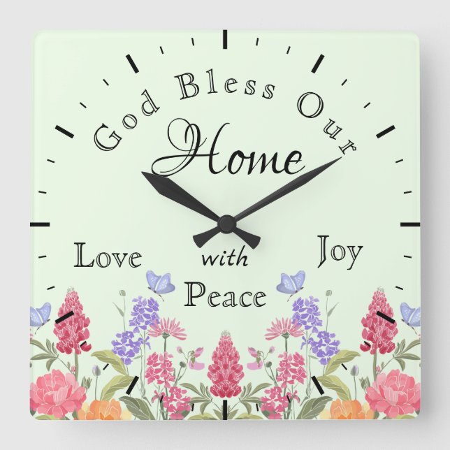 God Bless Our Home Floral Wildflowers Green Square Wall Clock (Front)