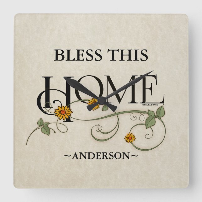 God Bless Our Home: Personalized Square Wall Clock (Front)