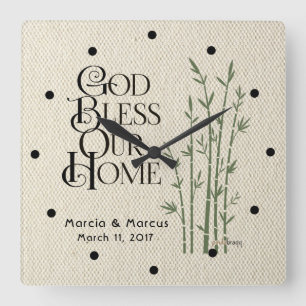 God Bless Our Home: Personalized Square Wall Clock
