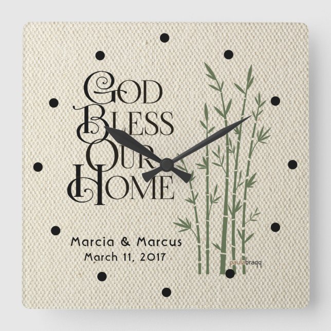 God Bless Our Home: Personalized Square Wall Clock (Front)
