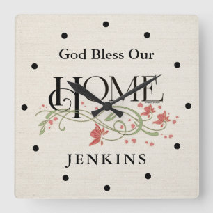 God Bless Our Home: Personalized Square Wall Clock