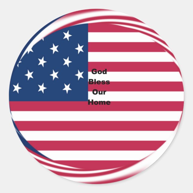 God Bless Our Home: USA Flag Swirl Art Classic Round Sticker (Front)