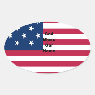 God Bless Our Home: USA Flag Swirl Art Oval Sticker