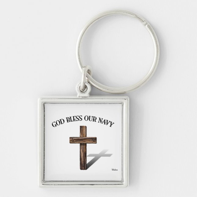 GOD BLESS OUR NAVY with rugged cross Keychain (Front)
