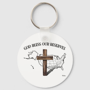GOD BLESS OUR RESERVES, rugged cross & US outline Keychain