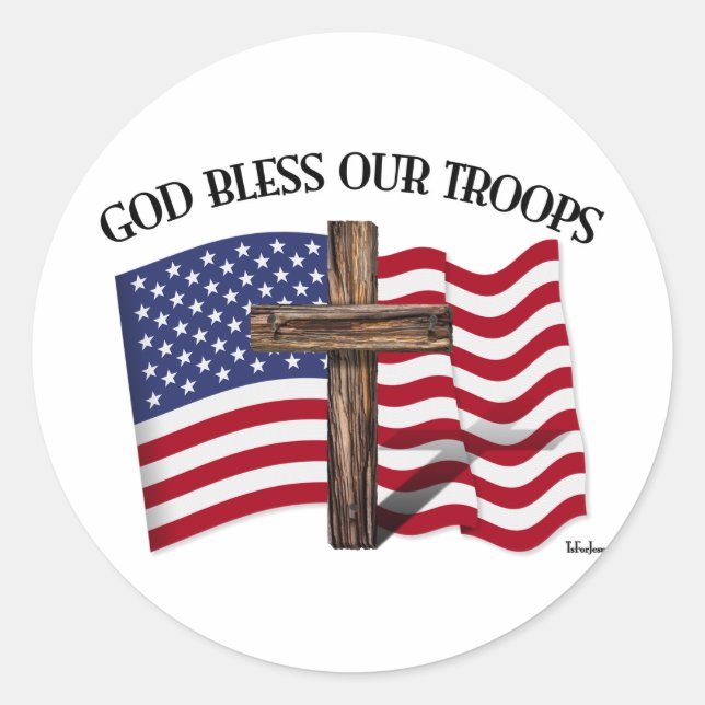 God Bless Our Troops with rugged cross and US flag Classic Round Sticker (Front)
