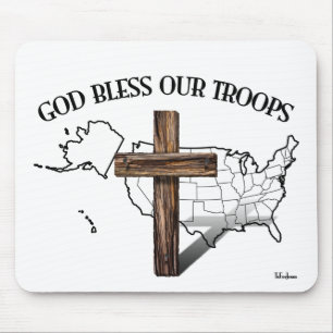 God Bless Our Troops with rugged cross & US outine Mouse Pad
