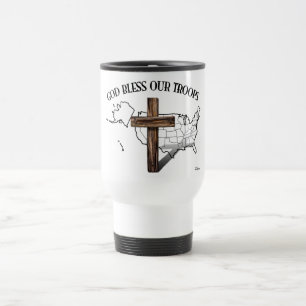 God Bless Our Troops with rugged cross & US outine Travel Mug