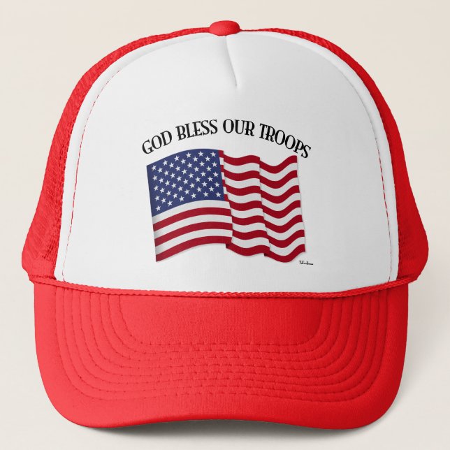 God Bless Our Troops with US flag Trucker Hat (Front)