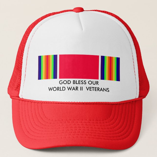 GOD BLESS OUR WORLD WAR II VETERANS TRUCKER HAT (Front)
