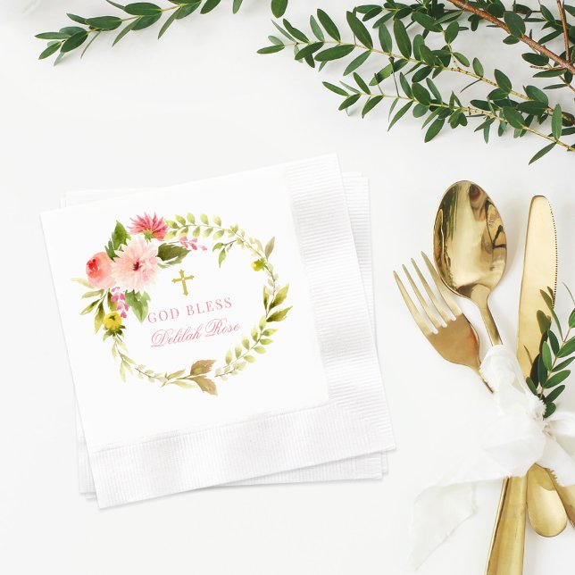 God Bless Pink and Gold Floral Wreath Girl Baptism Napkin (Creator Uploaded)
