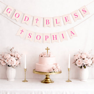 God Bless Pink Girl 6 Letters Baptism & Communion Bunting Flags