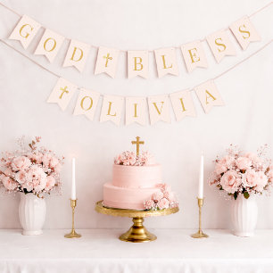 God Bless Pink & Gold 6 Letters Baptism Communion Bunting Flags