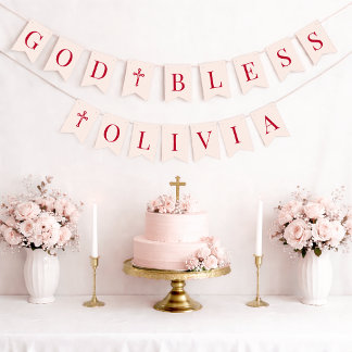 God Bless Pink & Red 6 Letters Baptism & Communion Bunting Flags
