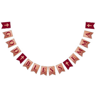 God Bless Rose Gold Burgundy Baptism Communion Bunting Flags
