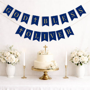 God Bless Royal Blue 6 Letters Baptism Communion Bunting Flags