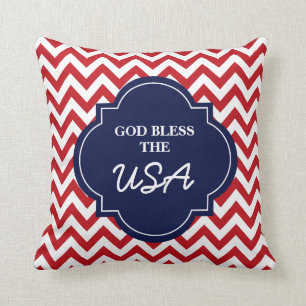 God Bless The USA, Red White Blue Chevron Stripes Throw Pillow