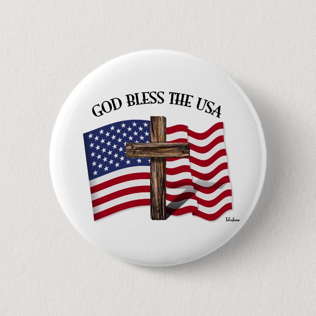 GOD BLESS THE USA with rugged cross & US flag 2 Inch Round Button (Front)
