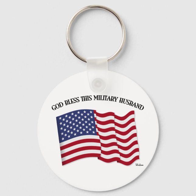 GOD BLESS THIS MILITARY HUSBAND with US flag Keychain (Front)