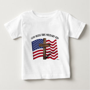 GOD BLESS THIS MILITARY KID rugged cross & US flag Baby T-Shirt