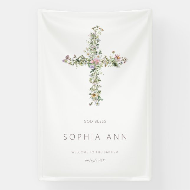 God Bless Welcome Meadow wildflower cross Baptism Banner (Vertical)